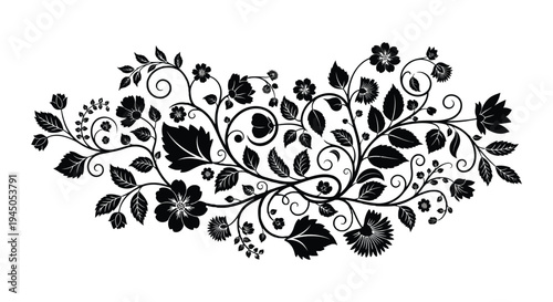 An intricate floral arrangement creates a decorative border showcasing a striking black silhouette high quality professional