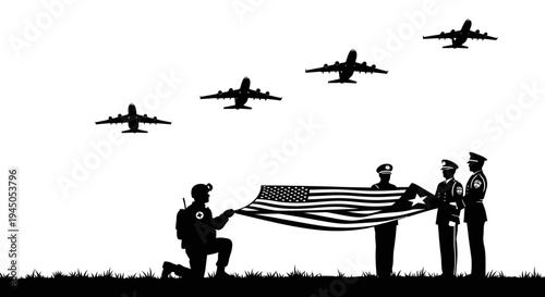 Military Honor Guard with American Flag and Flyover Formation