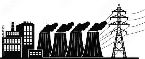 Industrial power plant and electricity transmission tower silhouette with factory buildings cooling towers smoke and high voltage lines vector illustration
