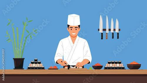 Professional sushi chef wearing traditional uniform preparing fresh rolls at a wooden restaurant counter with kitchen tools and plants.