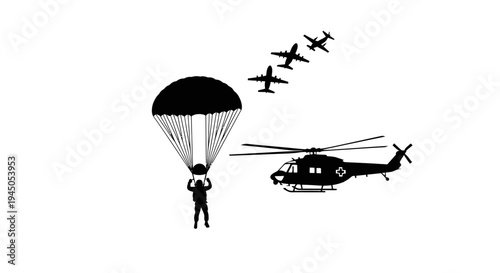Military Parachutist Jumps From Plane Near Helicopter and Formation