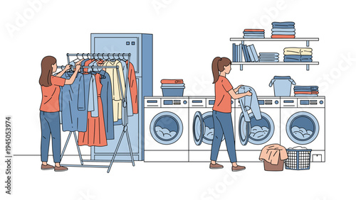 Female workers performing laundry tasks like washing and hanging clothes in a professional self-service laundromat facility.