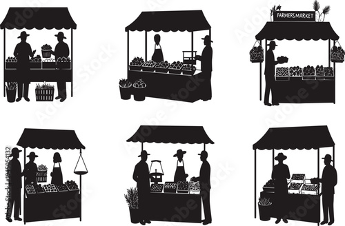 Black silhouette illustration of farmers market stalls, vendors selling fruits and vegetables, people shopping local produce, vector art for organic food design