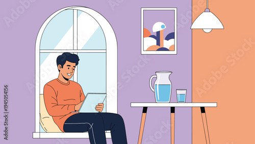 Young man relaxing on a window sill while using his digital tablet for work or entertainment in a brightly lit room.