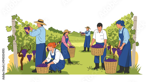 Group of farm workers harvesting ripe purple grapes into baskets in a scenic vineyard during the autumn harvest season.