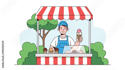 Friendly ice cream vendor serving delicious cones at a colorful street stall in a park or outdoor public area.
