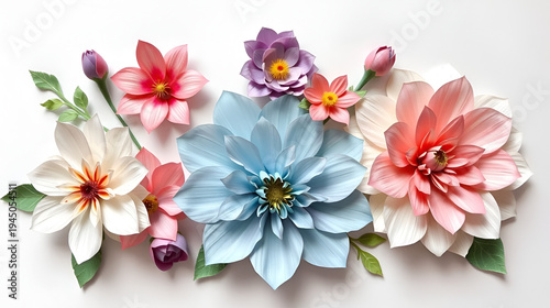 A set of handmade paper flowers created from aqua hotpress watercolor paper, with each bloom meticulously painted and assembled.