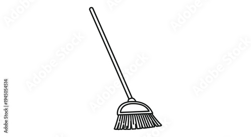 A simple black and white line drawing depicts a broom leaning against a surface silhouette high quality professional