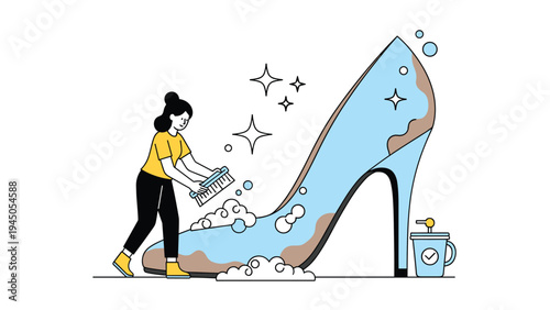 Worker cleaning a giant high-heeled shoe with a brush and soapy bubbles to maintain its shine and professional appearance.
