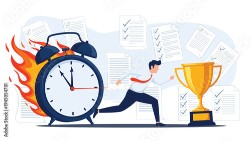 Ambitious businessman racing against time to achieve goals and win a trophy while managing multiple project tasks.