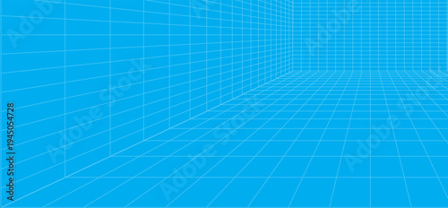 3d wireframe grid room. 3d perspective laser grid 16 9.. Cyberspace blue background with white mesh. Futuristic digital hallway space in virtual reality. Vector illustration.
