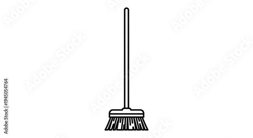 A simple linear depiction of a broom standing upright presented as a bold silhouette high quality