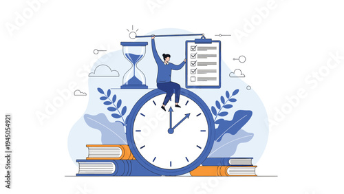 Employee balancing work tasks and time by using a scale with a checklist and an hourglass while sitting on a giant clock.