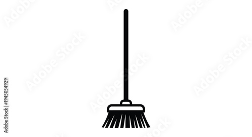 A simple black silhouette of a traditional straw broom leaning upright isolated on white background