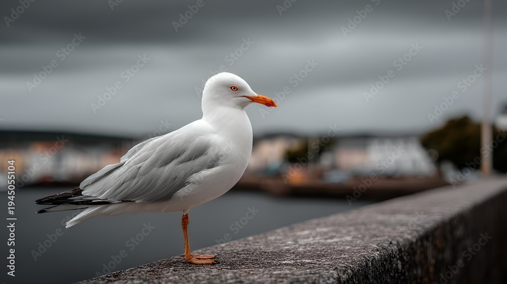 Fototapeta premium A serene seagull perched on a stone wall against a moody, overcast sky, reflecting nature's beauty and tranquility.