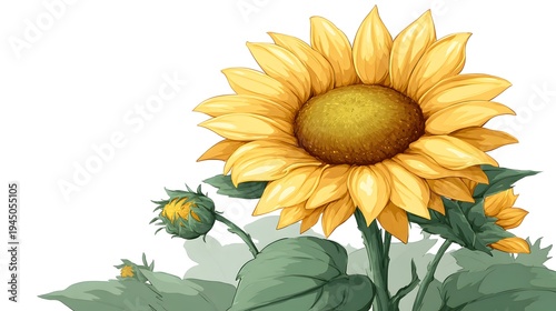 Vibrant Watercolor Sunflower Illustration with Budding Flower.