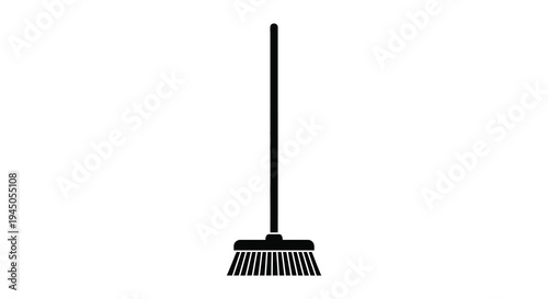 A simple black silhouette of a traditional push broom standing upright on a white background silhouette