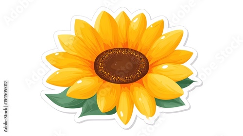 Vibrant Yellow Sunflower with Green Leaves Isolated on White Background.