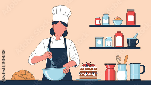Professional female chef in white uniform whisking a recipe in her kitchen with baking ingredients and tools organized on shelves.