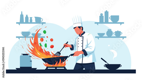 Professional chef tossing ingredients in a flaming wok while working in a modern commercial kitchen environment.