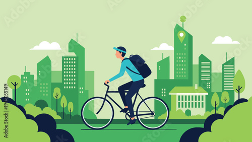 Eco friendly commuter riding a bicycle through a sustainable green city environment with modern skyscrapers and lush trees.