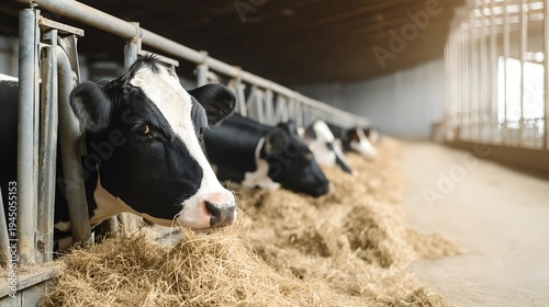 A serene view of cows in a barn, peacefully eating hay while enjoying a calm atmosphere in their environment.