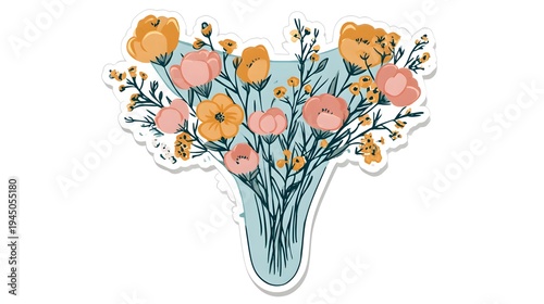 Watercolor Bouquet of Pink and Orange Flowers in a Blue Vase.