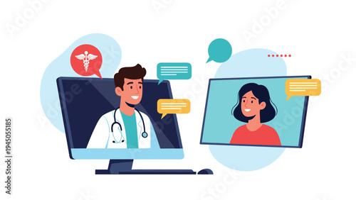 Medical professional conducting a remote telehealth consultation with a female patient via a computer monitor.