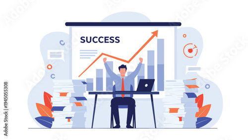 Happy male executive celebrating business success at his office desk surrounded by stacks of paperwork and charts.