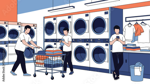 Group of people doing their laundry using industrial washing machines and dryers at a public self-service laundromat.
