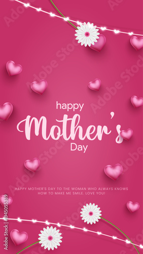 Happy Mothers Day Greeting Cards. Mothers Day wish gift box wrapped with pink ribbon heart shapes and decorative lights representing celebration love and appreciation for mothers