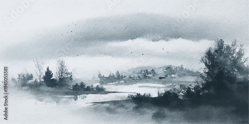 A serene winter morning reveals a misty landscape where fog blankets the snow-dusted mountains and forest, casting a soft reflection of the sunrise across the calm, cold lake water