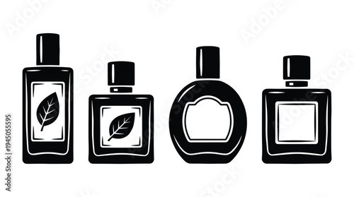 Four black silhouettes of perfume bottles with leaf motif and various shapes