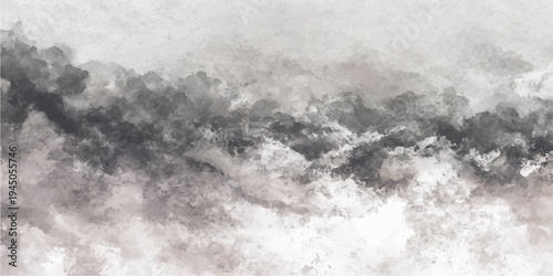 An abstract black and white landscape captures snow-covered mountains beneath a dark stormy sky filled with swirling clouds and dramatic misty textures