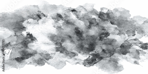 An abstract monochrome cloudscape displays textured layers of black and white smoke drifting through the bright atmosphere like fluffy clouds in the summer sky