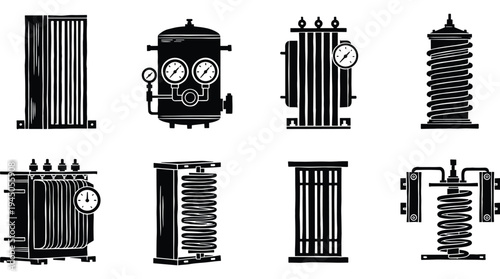 Industrial machinery silhouette icons with pressure gauges and heating elements