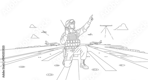 Military Officer Directs Aircraft on Runway with Drone Overhead