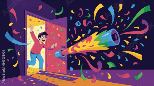 Excited man celebrating with colorful confetti and party popper in doorway at night