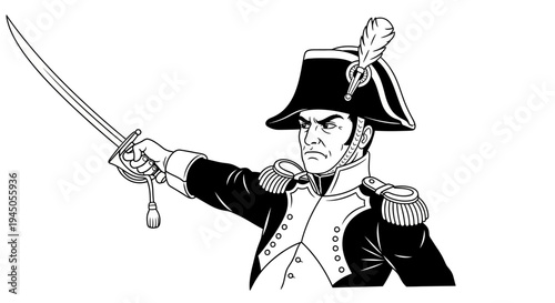 Military Officer Wielding Saber Sword in Vintage Uniform, Historical Battle Scene