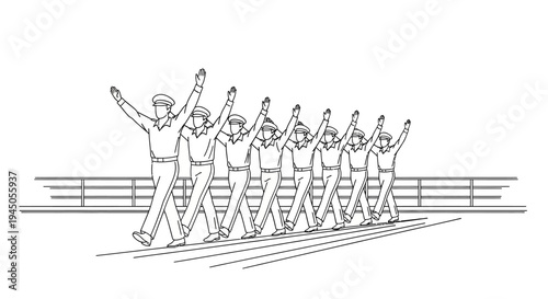 Military Parade: Soldiers Marching in Uniform with Arms Raised in Formation