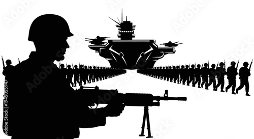 Military Parade: Soldiers Marching Towards Aircraft Carrier Silhouette