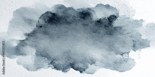 An abstract watercolor landscape depicting ethereal clouds drifting over a tranquil ocean and snow-capped mountains under a stormy sky of swirling fog and white waves