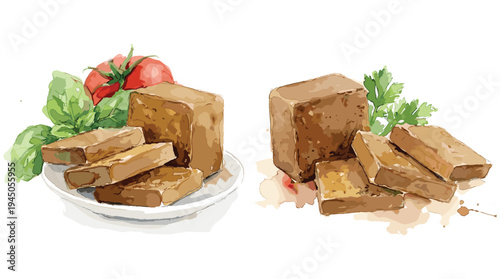 Tofu with fresh tomatoes and basil served on plate and wooden table