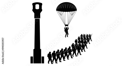 Military Paratrooper Descends Near Artillery Gun and Marching Soldiers Silhouette