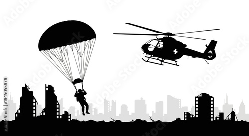 Military Paratrooper Descends Over Ruined Cityscape with Rescue Helicopter