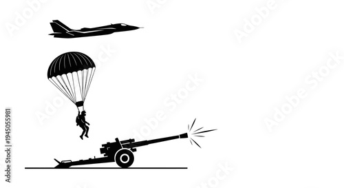 Military Paratrooper Jumps From Plane Near Firing Cannon and Jet
