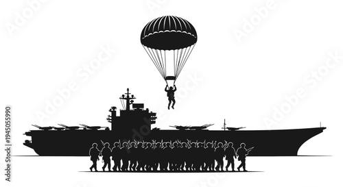 Military Paratrooper Descends Onto Aircraft Carrier with Soldiers Lined Up