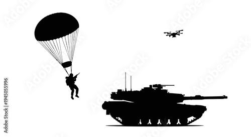 Military Paratrooper Landing Near Tank and Drone, Modern Warfare Concept