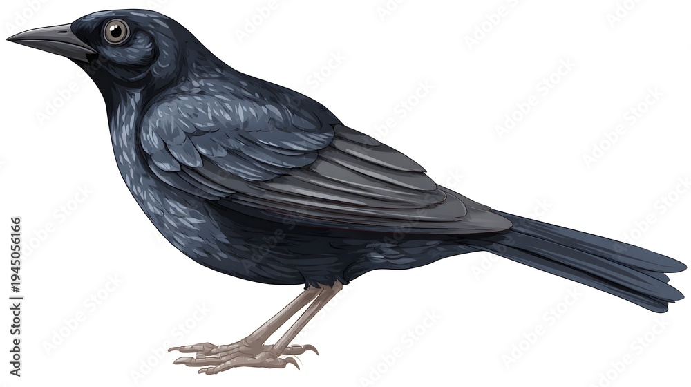 Obraz premium Detailed Illustration of a Black Bird Standing on a White Background.