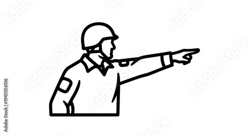 Military Soldier Pointing Forward with Hand Signal, Directive Gesture, Directional Command